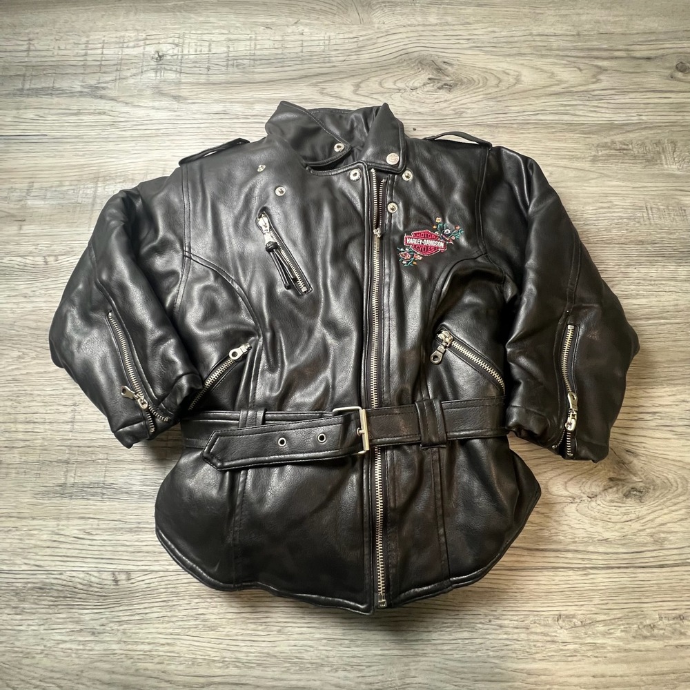 Harley-Davidson Jacket Girls 6X Black Faux Leather Floral Embroidered Moto Biker